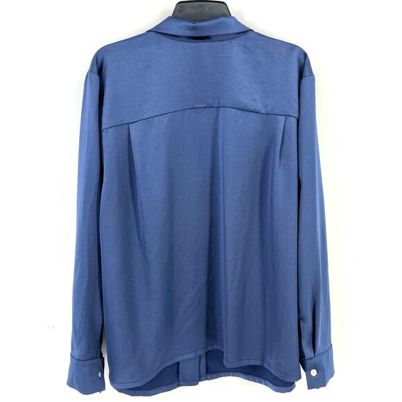 Karen Kane Satin Button Front Shirt Womens Plus Size 3X Indigo Blue V Neck - Picture 3 of 7